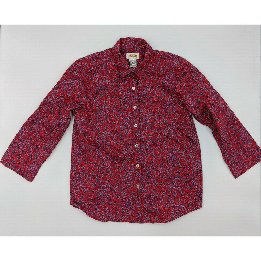 Talbot's Women's Button Down Blouse Red Blue Floral 3/4 Sleeve Size Small Cotton
